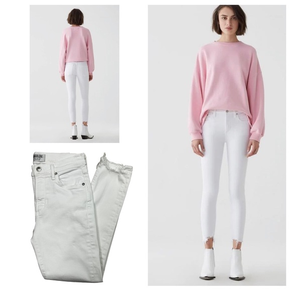 Agolde Denim - AGOLDE Sophie Crop High Rise Skinny Crisp White Jeans With Chewed Hem Size 27